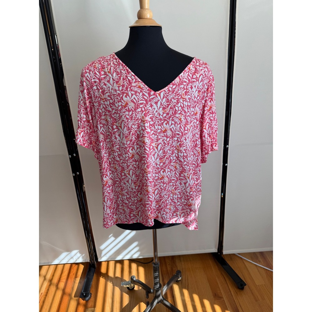 LOFT Pink White Bird Botanical Print V Neck Blouse XL Short Sleeve Ruffle Cuff